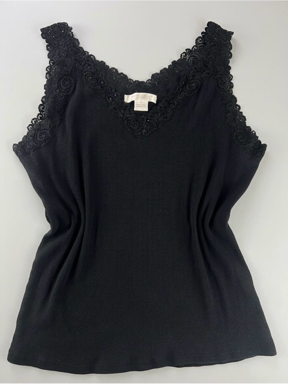 Y2K Black Lace Trim Cami Tank Top XL Ribbed Stretch 100% Cotton Fairy Grunge